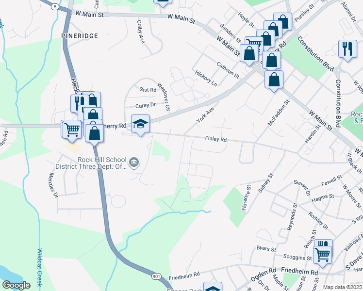 map of restaurants, bars, coffee shops, grocery stores, and more near 801-899 S York Ave in Rock Hill