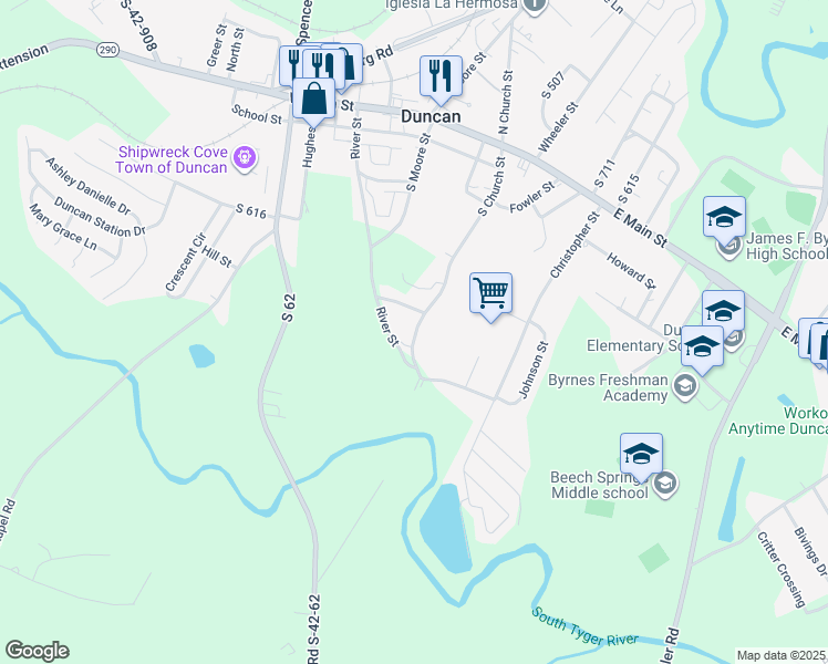 map of restaurants, bars, coffee shops, grocery stores, and more near 137 South Church Street in Duncan