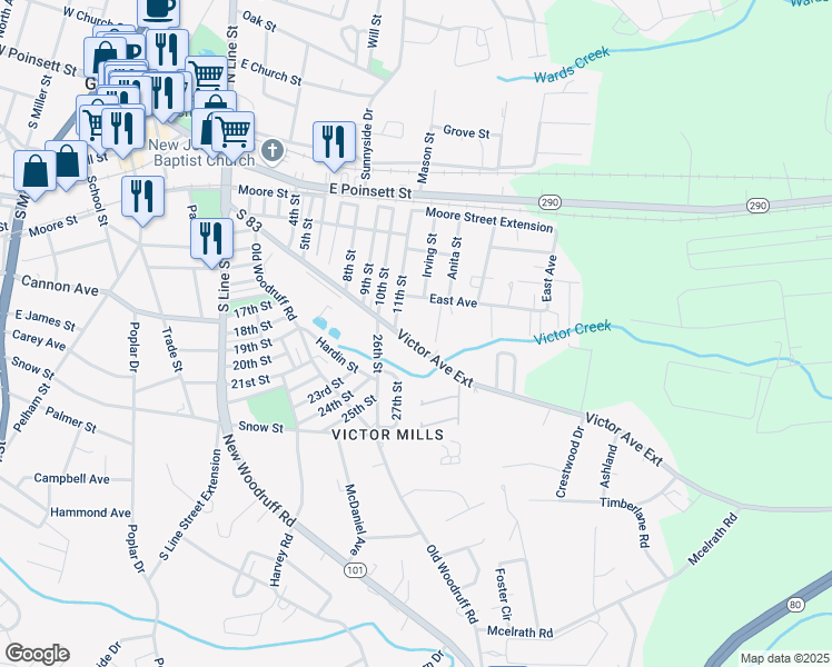 map of restaurants, bars, coffee shops, grocery stores, and more near 111 Victor Avenue in Greer