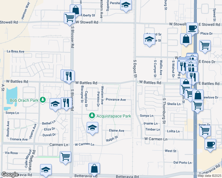 map of restaurants, bars, coffee shops, grocery stores, and more near 928 Menusa Court in Santa Maria