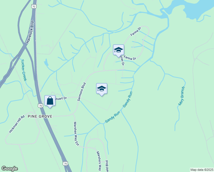 map of restaurants, bars, coffee shops, grocery stores, and more near 108 Sand Run Road in Havelock
