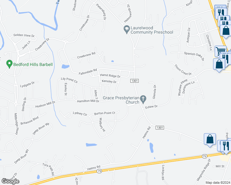 map of restaurants, bars, coffee shops, grocery stores, and more near 3030 Oakmere Road in Waxhaw