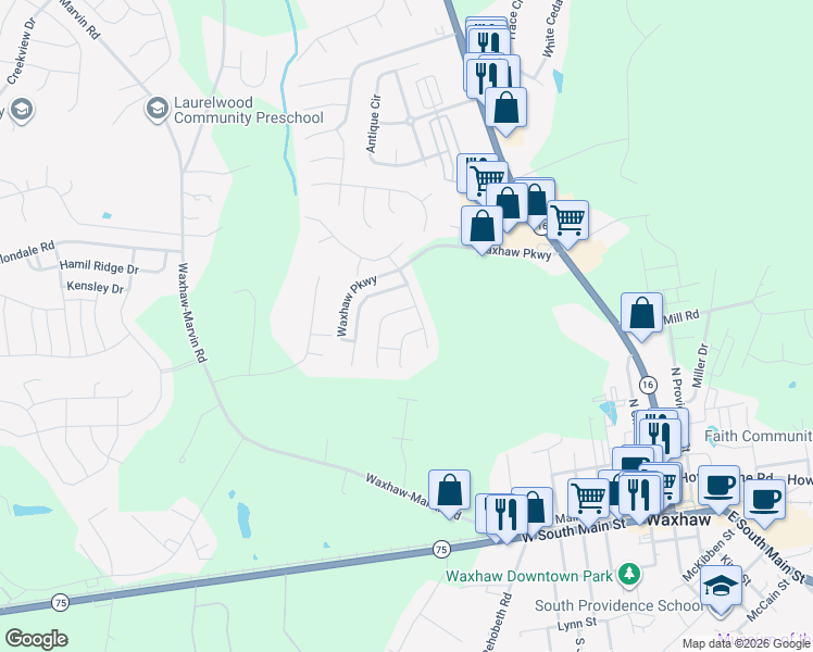 map of restaurants, bars, coffee shops, grocery stores, and more near 2006 Chadwell Court in Waxhaw