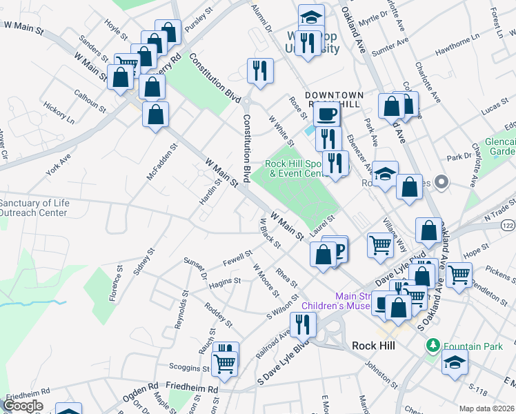 map of restaurants, bars, coffee shops, grocery stores, and more near 438 Hall Street in Rock Hill