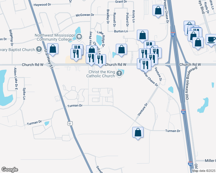 map of restaurants, bars, coffee shops, grocery stores, and more near 4744 West East Ross Parkway in Southaven