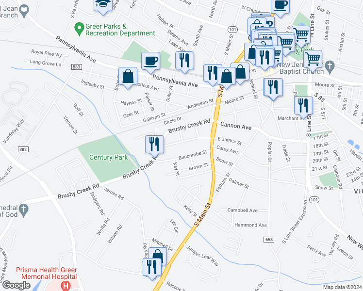 map of restaurants, bars, coffee shops, grocery stores, and more near 301 West James Street in Greer