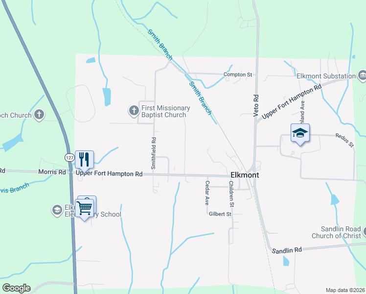 map of restaurants, bars, coffee shops, grocery stores, and more near 25611 Taylor Road in Elkmont