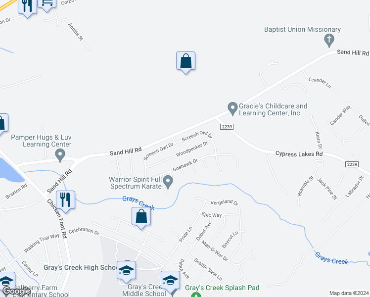 map of restaurants, bars, coffee shops, grocery stores, and more near 5238 Woodpecker Drive in Hope Mills
