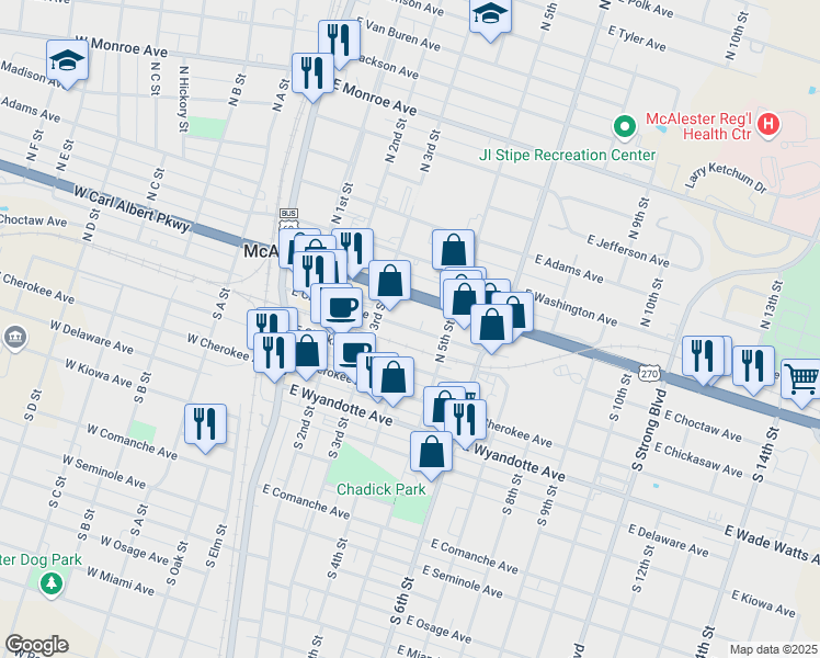 map of restaurants, bars, coffee shops, grocery stores, and more near 338 East Choctaw Avenue in McAlester