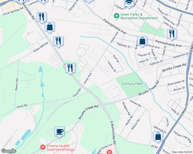 map of restaurants, bars, coffee shops, grocery stores, and more near 111 Edwin Drive in Greer