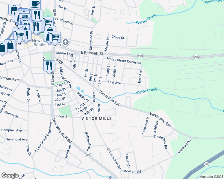 map of restaurants, bars, coffee shops, grocery stores, and more near 155 Caz Lane in Greer