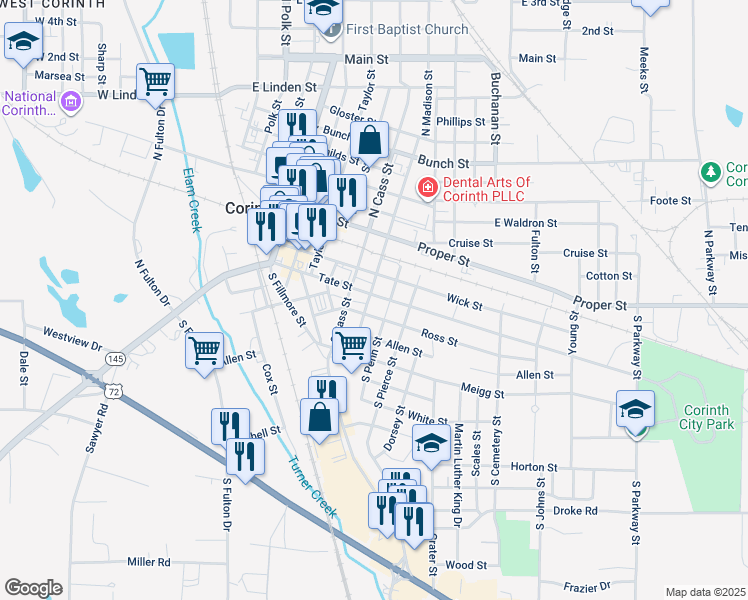 map of restaurants, bars, coffee shops, grocery stores, and more near 898 Ross Street in Corinth