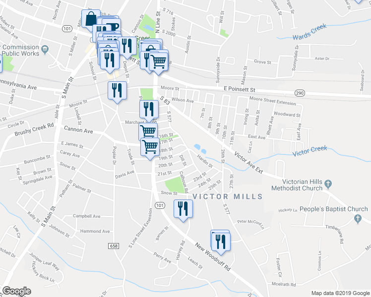 map of restaurants, bars, coffee shops, grocery stores, and more near 2 19th Street in Greer