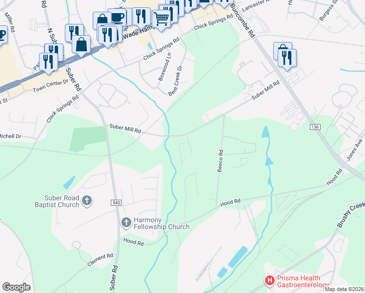 map of restaurants, bars, coffee shops, grocery stores, and more near 208 Everard Lane in Greer