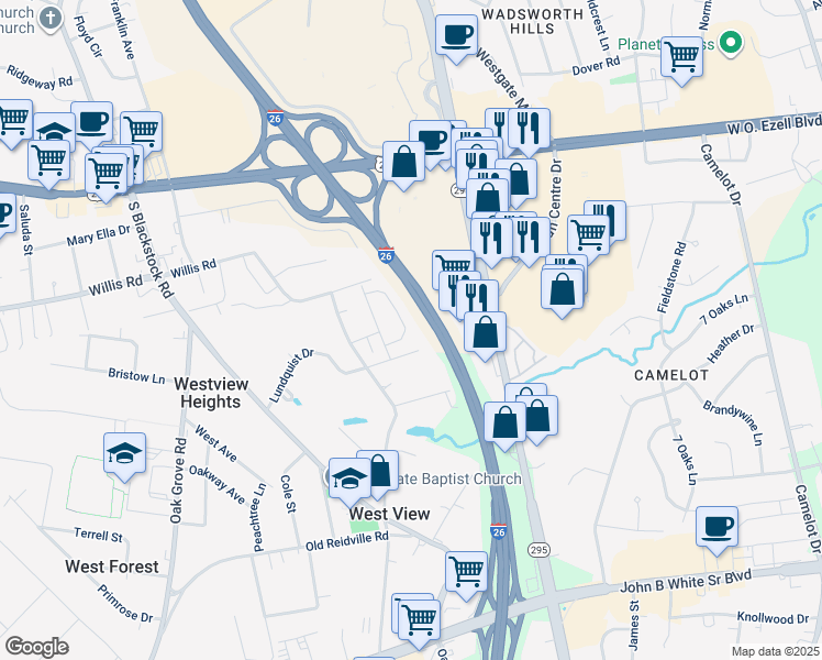 map of restaurants, bars, coffee shops, grocery stores, and more near 609 Preakness Run in Spartanburg
