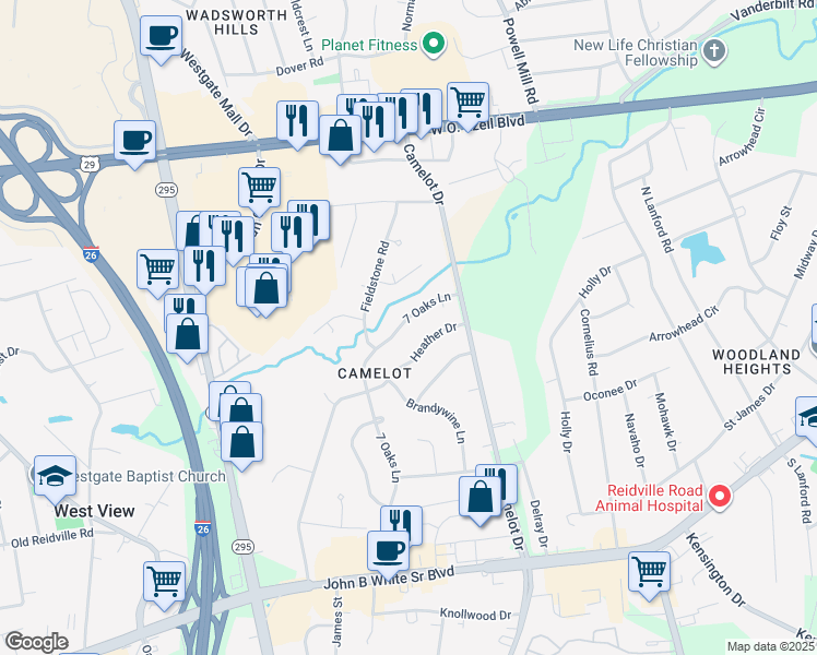 map of restaurants, bars, coffee shops, grocery stores, and more near 316 7 Oaks Lane in Spartanburg