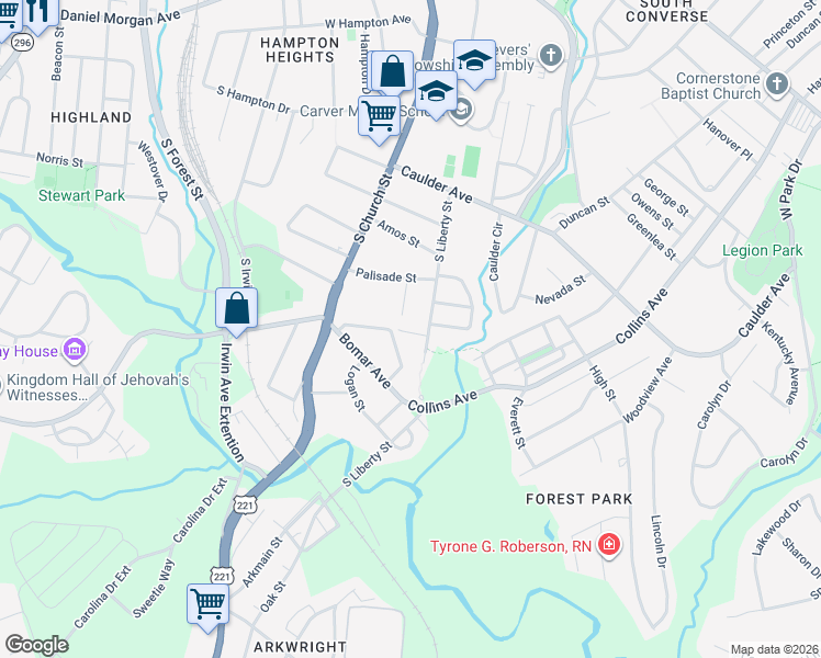 map of restaurants, bars, coffee shops, grocery stores, and more near 840 South Liberty Street in Spartanburg