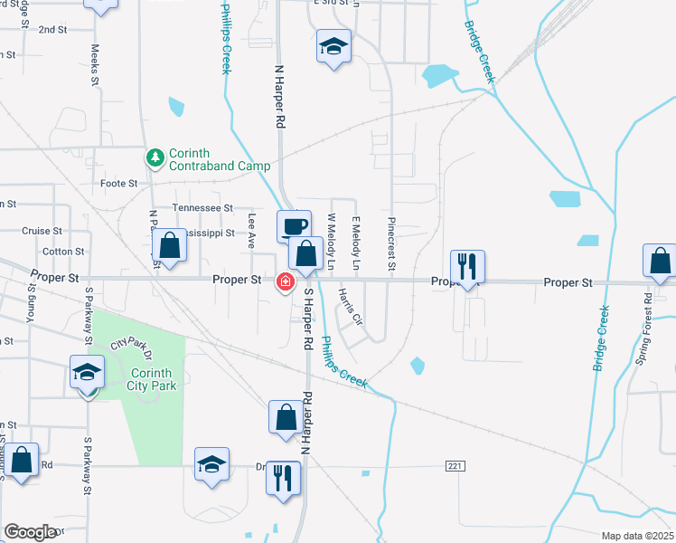 map of restaurants, bars, coffee shops, grocery stores, and more near 100 West Melody Lane in Corinth