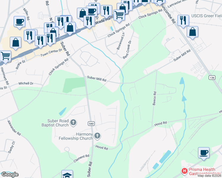 map of restaurants, bars, coffee shops, grocery stores, and more near 2007 Suber Mill Road in Greer