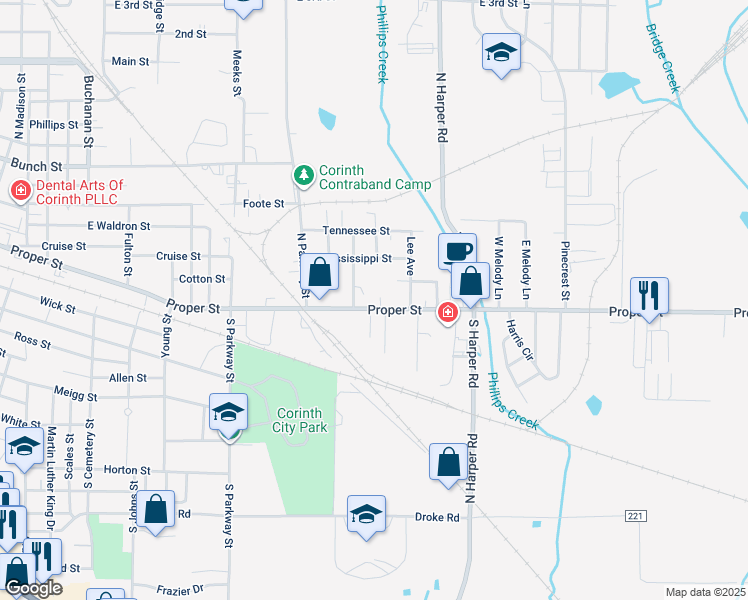 map of restaurants, bars, coffee shops, grocery stores, and more near 2104 Proper Street in Corinth