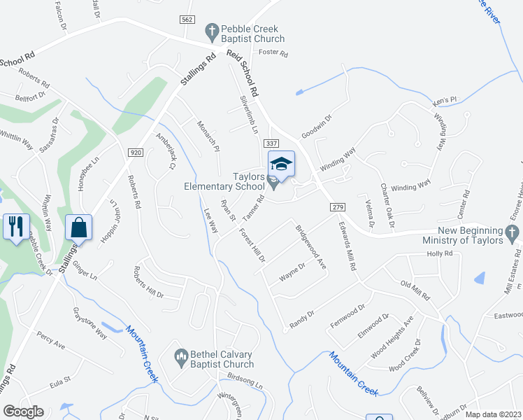map of restaurants, bars, coffee shops, grocery stores, and more near 203 Tanner Road in Taylors