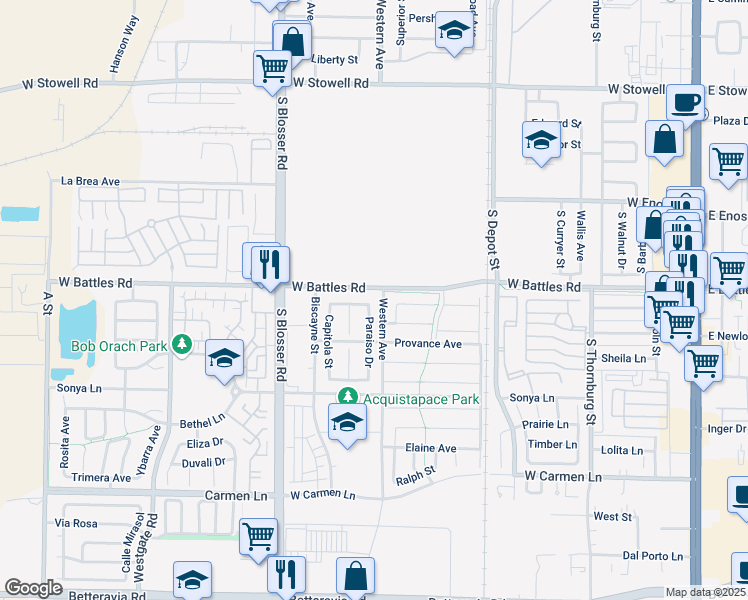 map of restaurants, bars, coffee shops, grocery stores, and more near 1602 Paraiso Drive in Santa Maria