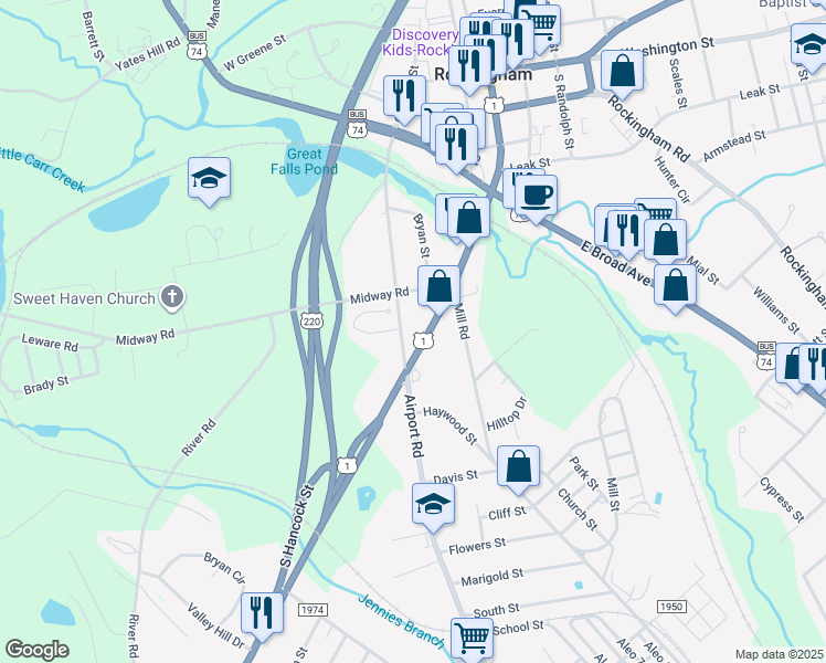 map of restaurants, bars, coffee shops, grocery stores, and more near 518 South Hancock Street in Rockingham