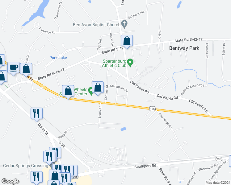 map of restaurants, bars, coffee shops, grocery stores, and more near 512 Amelia Avenue in Spartanburg