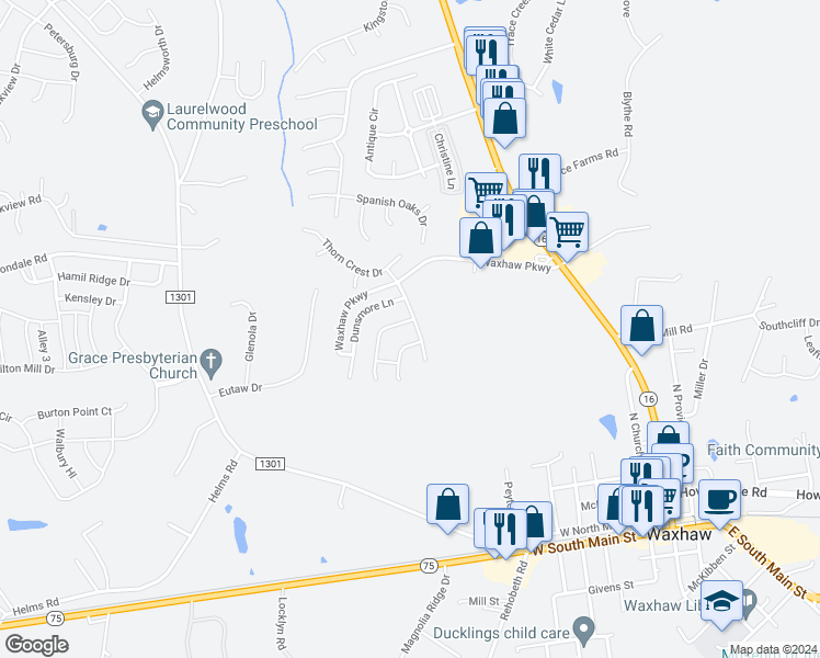 map of restaurants, bars, coffee shops, grocery stores, and more near 2034 Beckwith Lane in Waxhaw