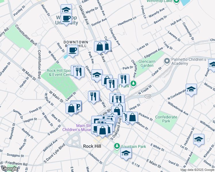 map of restaurants, bars, coffee shops, grocery stores, and more near 410 North Wilson Street in Rock Hill