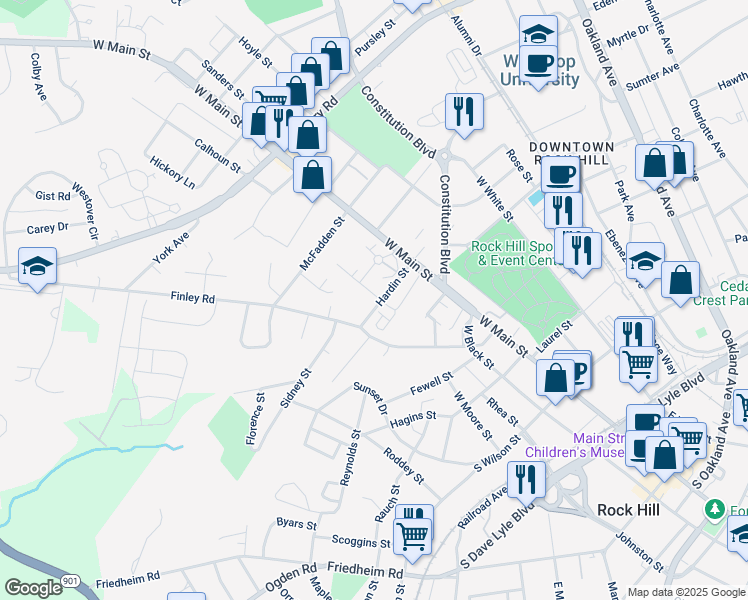 map of restaurants, bars, coffee shops, grocery stores, and more near 175 Hardin Street in Rock Hill