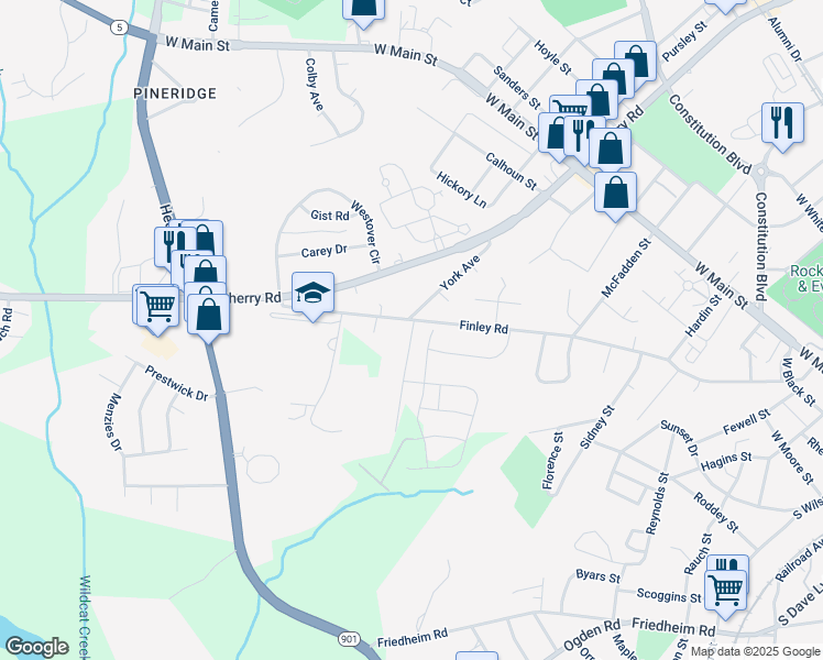 map of restaurants, bars, coffee shops, grocery stores, and more near 801-899 S York Ave in Rock Hill