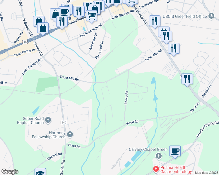 map of restaurants, bars, coffee shops, grocery stores, and more near 108 Ramshackle Way in Greer