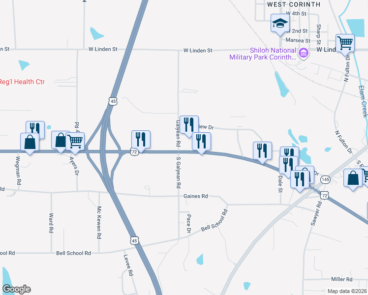 map of restaurants, bars, coffee shops, grocery stores, and more near 301-399 South Gaylean Road in Corinth