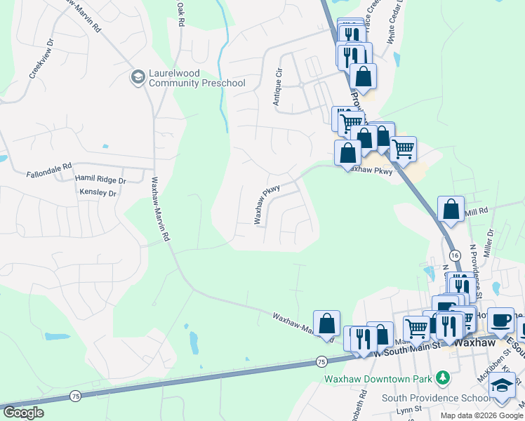 map of restaurants, bars, coffee shops, grocery stores, and more near 4023 Eutaw Drive in Waxhaw