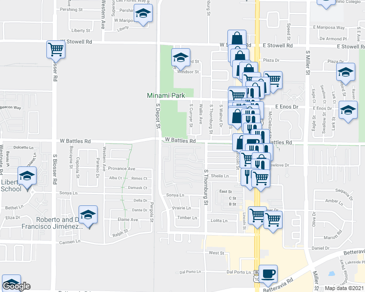 map of restaurants, bars, coffee shops, grocery stores, and more near 1701 South Thornburg Street in Santa Maria