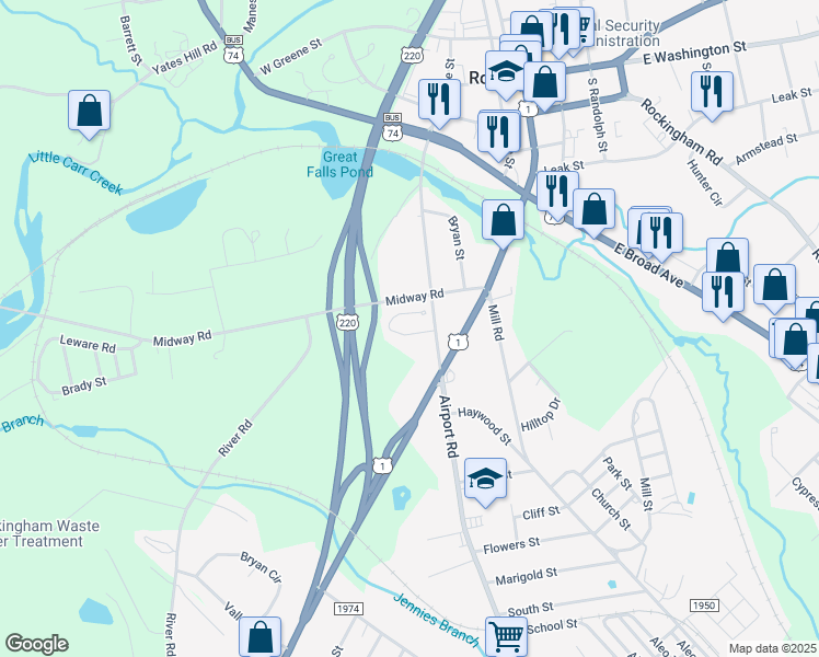 map of restaurants, bars, coffee shops, grocery stores, and more near 510 South Caroline Street in Rockingham