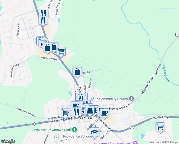 map of restaurants, bars, coffee shops, grocery stores, and more near 217 Blythe Mill Road in Waxhaw