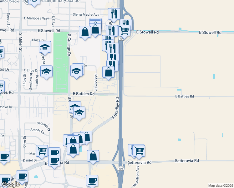 map of restaurants, bars, coffee shops, grocery stores, and more near 1099 East Battles Road in Santa Maria
