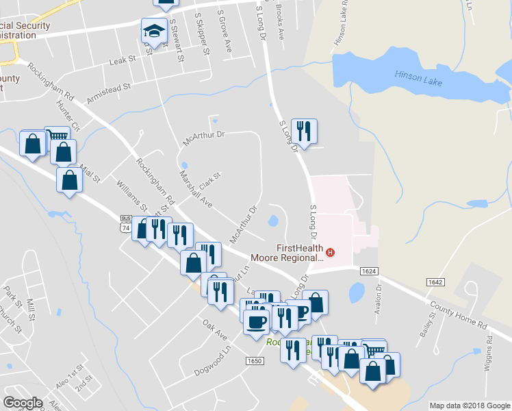 map of restaurants, bars, coffee shops, grocery stores, and more near 200 McArthur Drive in Rockingham