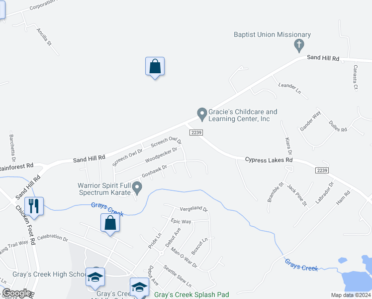 map of restaurants, bars, coffee shops, grocery stores, and more near 1109 Screech Owl Drive in Hope Mills