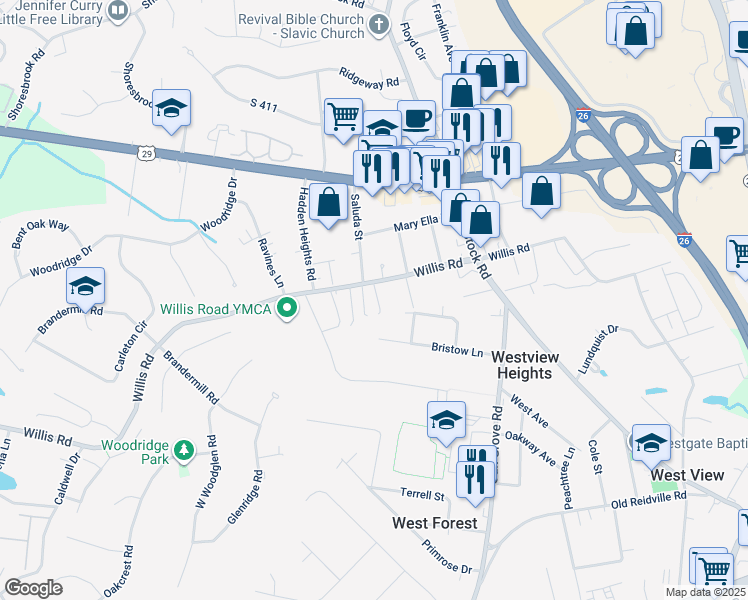 map of restaurants, bars, coffee shops, grocery stores, and more near 113 Saluda Street in Spartanburg