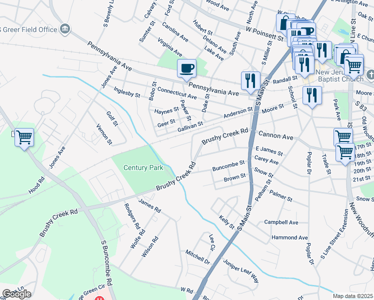 map of restaurants, bars, coffee shops, grocery stores, and more near 123 Circle Drive in Greer