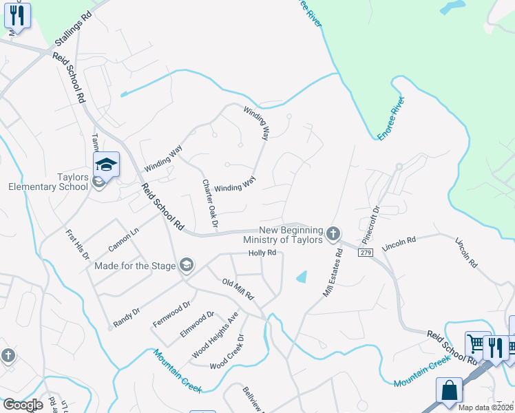 map of restaurants, bars, coffee shops, grocery stores, and more near 117 Cretewood Place in Taylors