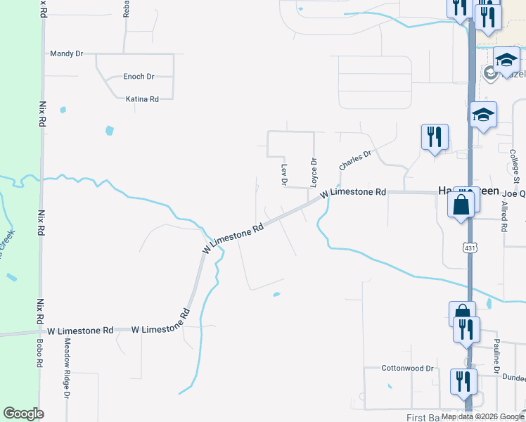 map of restaurants, bars, coffee shops, grocery stores, and more near 106 Lev Drive in Hazel Green