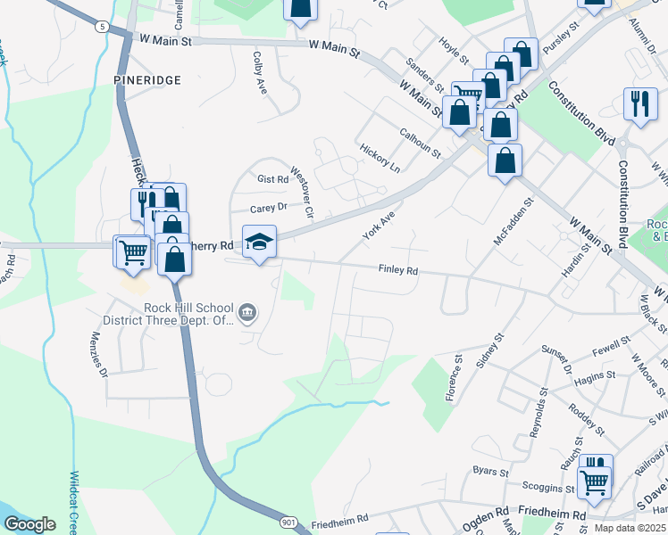 map of restaurants, bars, coffee shops, grocery stores, and more near 740 South York Avenue in Rock Hill