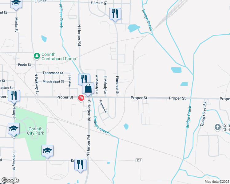 map of restaurants, bars, coffee shops, grocery stores, and more near 100-280 Pinecrest Street in Corinth