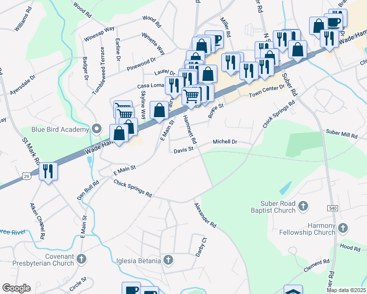 map of restaurants, bars, coffee shops, grocery stores, and more near 6 Davis Street in Taylors