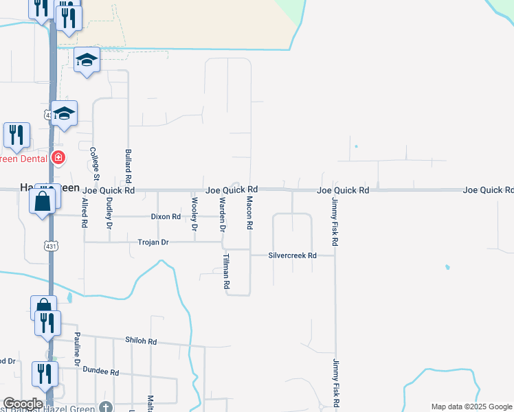 map of restaurants, bars, coffee shops, grocery stores, and more near 400 Joe Quick Road in Hazel Green