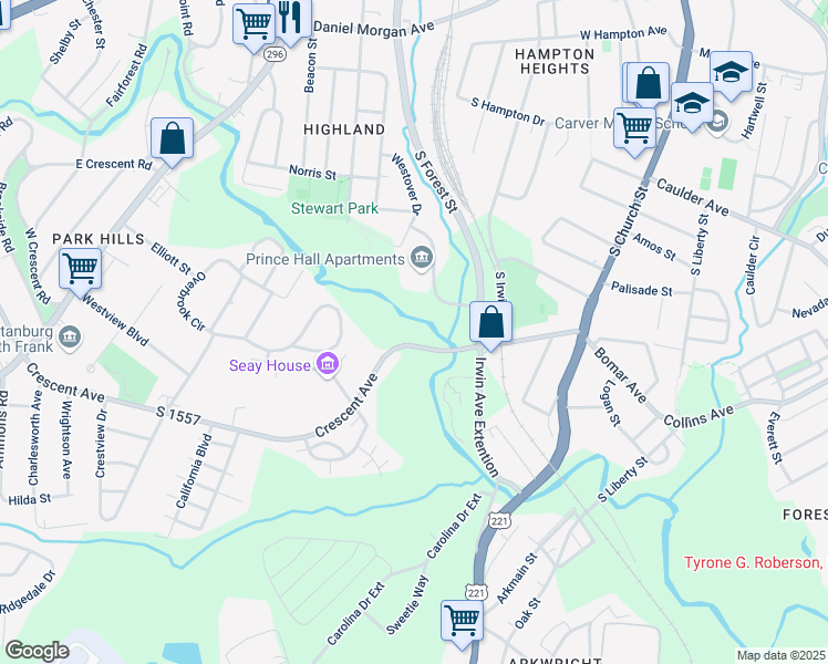 map of restaurants, bars, coffee shops, grocery stores, and more near 625 Crescent Avenue in Spartanburg